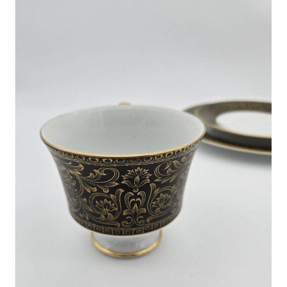 Vintage Sango China Japan Richelieu 3756 Black Gold Cup Saucer Dessert Plate Set - Picture 8 of 15